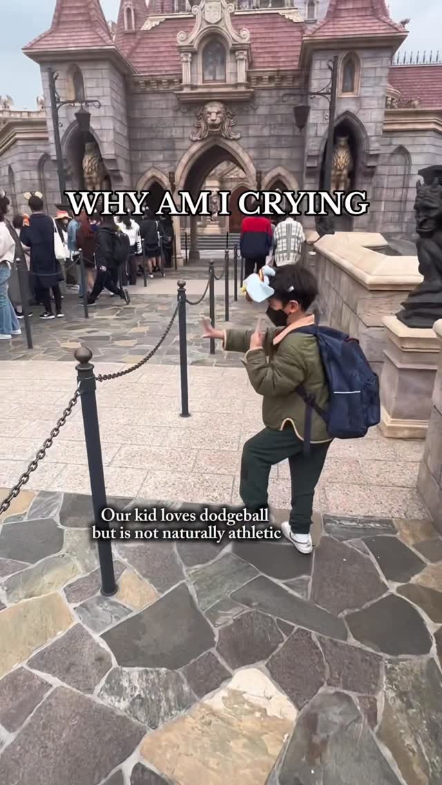 Instagram reel thumbnail showing a parent reacting emotionally while cheering on a child competing in dodgeball.